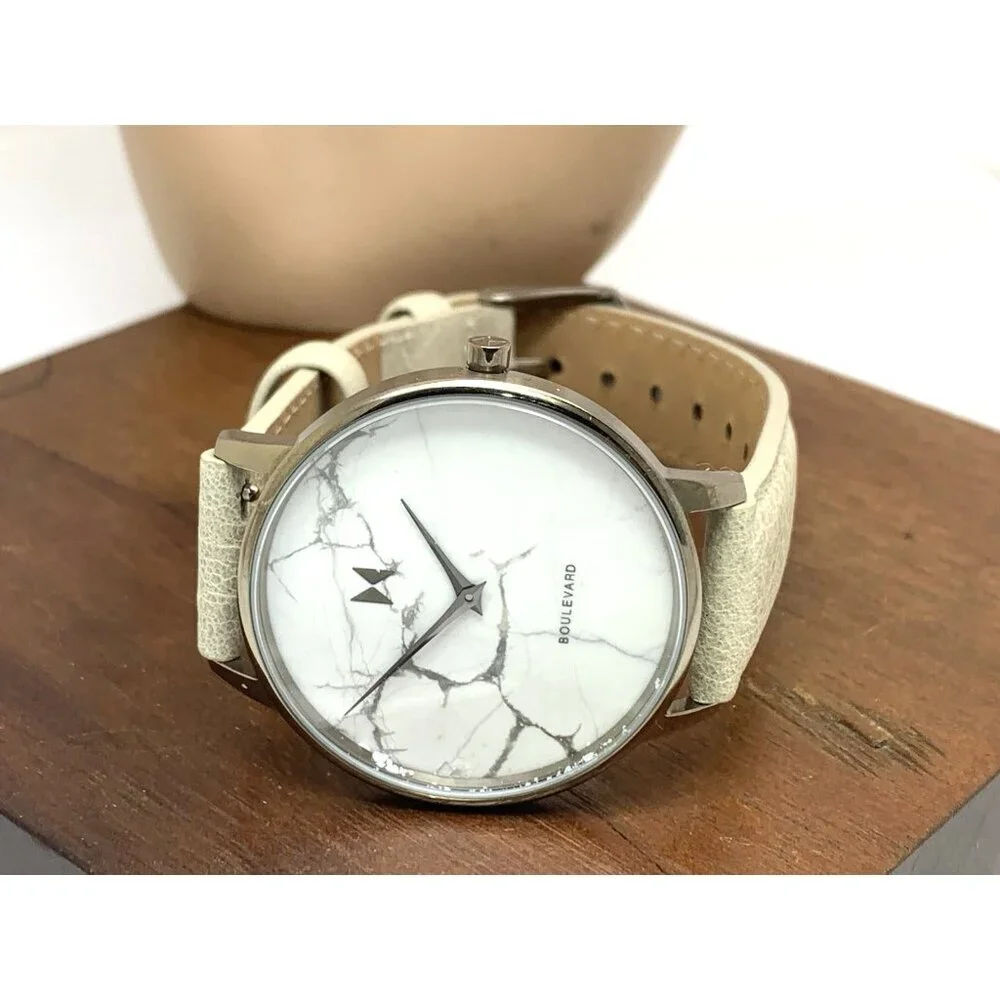 MVMT Women's Watch QMB01-Tima Quartz White Gray Marble Dial Leather Band 38mm